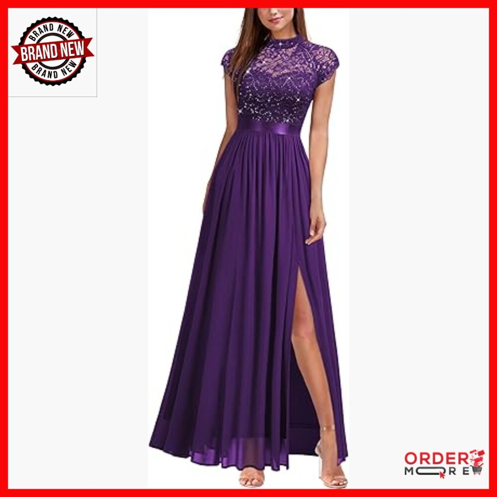 Sequin Lace Maxi Dress, Formal Evening Party, A-Line, Zipper Back
